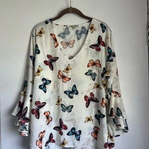 Emma & Olivia Elegant Butterfly Print V-Neck Bell Sleeve Blouse Size XL